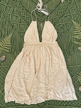 EUC Boho Cream Halter Mini Sun Dress | Open Back Festival Lightweight Sz Lg